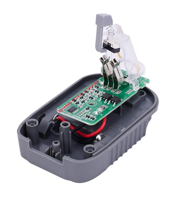 Makita 18V LXT to Dyson V6 battery adapter - cutaway of the open shell showing the circuit board, wiring and contacts